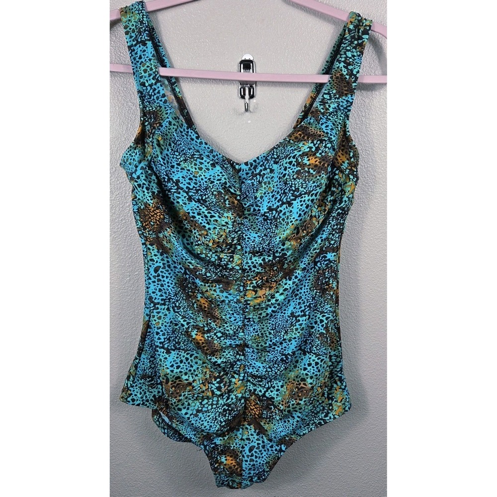 Maxine of Hollywood One Piece Swimsuit 16W Ruched Tummy Control Blue Animal...